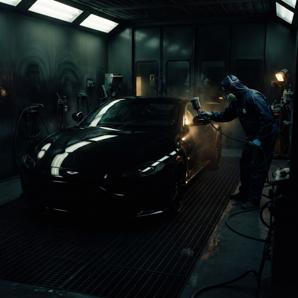 Car being spray painted in a booth in Everett MA